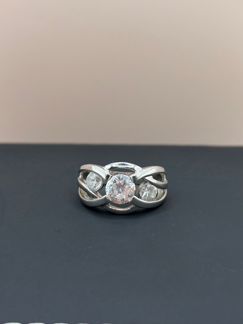 Modern Silver Plated Three-Stone Infinity Ring with Clear Stones
